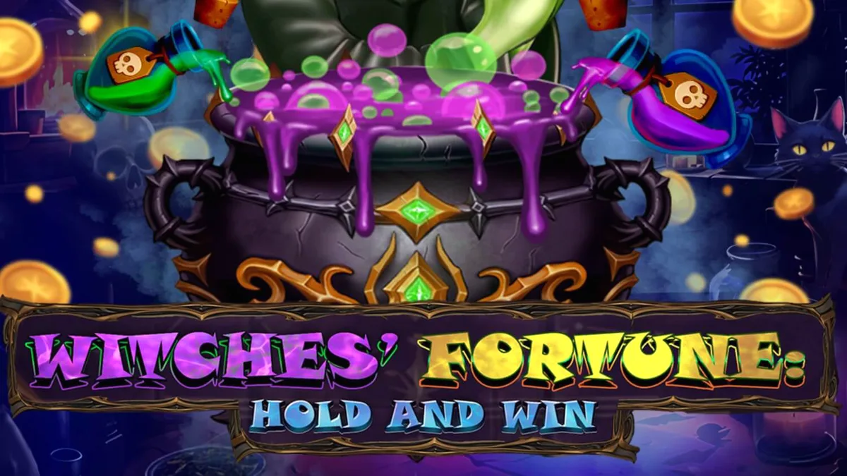 Tampilan visual slot Witches’ Fortune: Hold & Win dengan tema kuali ajaib dan ramuan.
