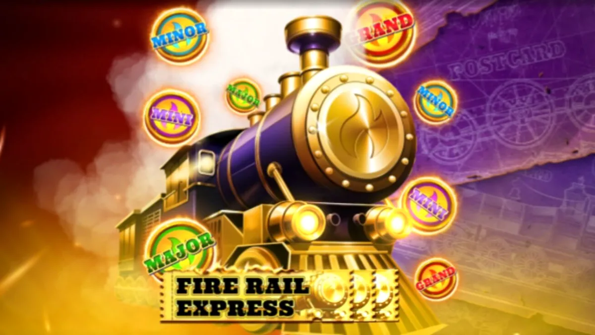 Tampilan visual slot Fire Rail Express: Hold & Win dengan tema kereta uap steampunk